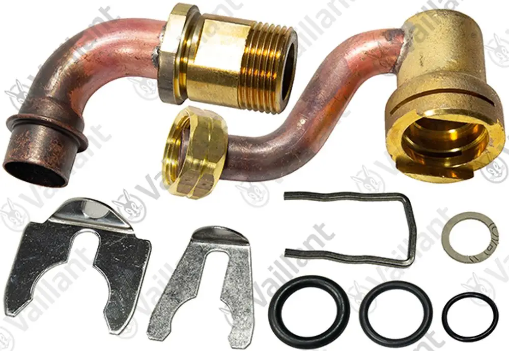 Vaillant Anschluss-Set mit gebogenem Rohr, Kupfer- und Messingelementen sowie Dichtungen und Clips für Heizungsinstallation oder -reparatur.